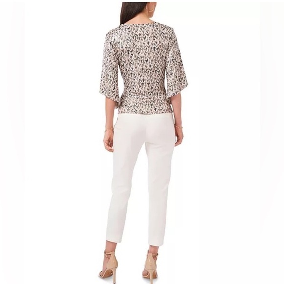 MSK Faux Wrap Top Black& White Paisley Sparkling Sequin Flattering Bell Sleeve - Picture 8 of 15